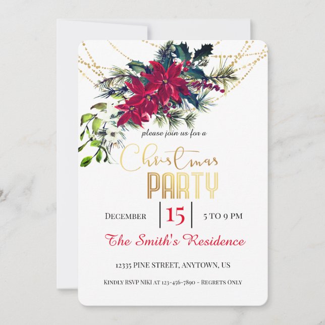 Christmas Party Red Poinsettia Floral Invitation (Front)
