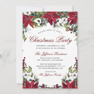 Christmas Party Red Poinsettia Floral Watercolor Invitation