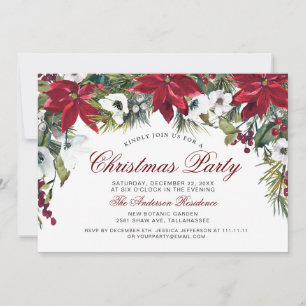 Christmas Party Red Poinsettia Floral Watercolor Invitation