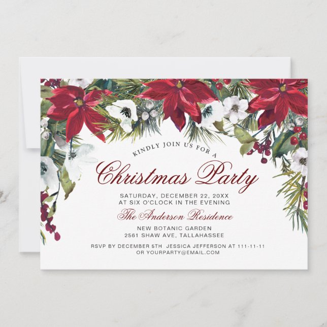 Christmas Party Red Poinsettia Floral Watercolor Invitation (Front)