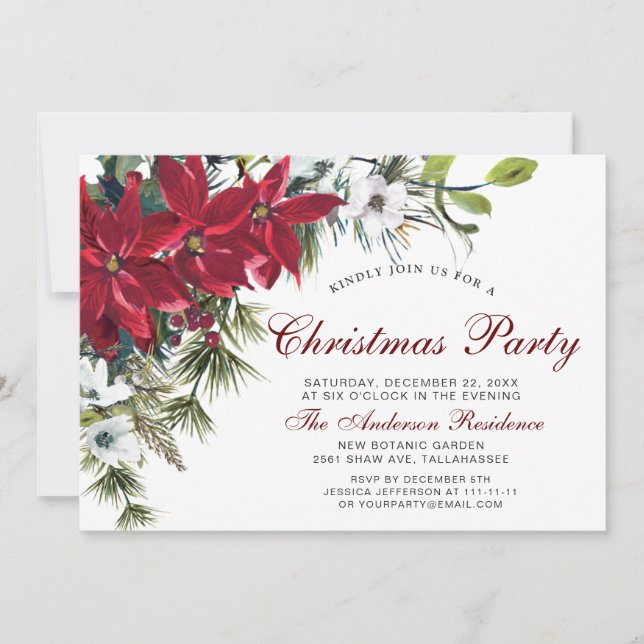 Christmas Party Red Poinsettia Floral Watercolor Invitation (Front)