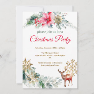Christmas Party Red Poinsettia  Invitation