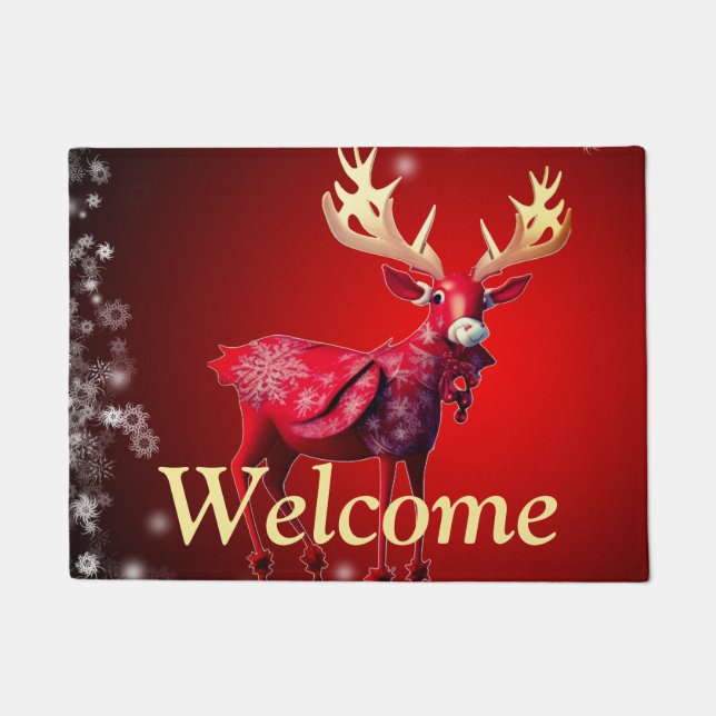 Christmas Party Red Reindeer White Snowflakes Doormat (Front)