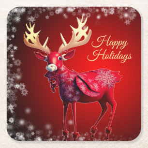 Christmas Party Red Reindeer White Snowflakes Square Paper Coaster