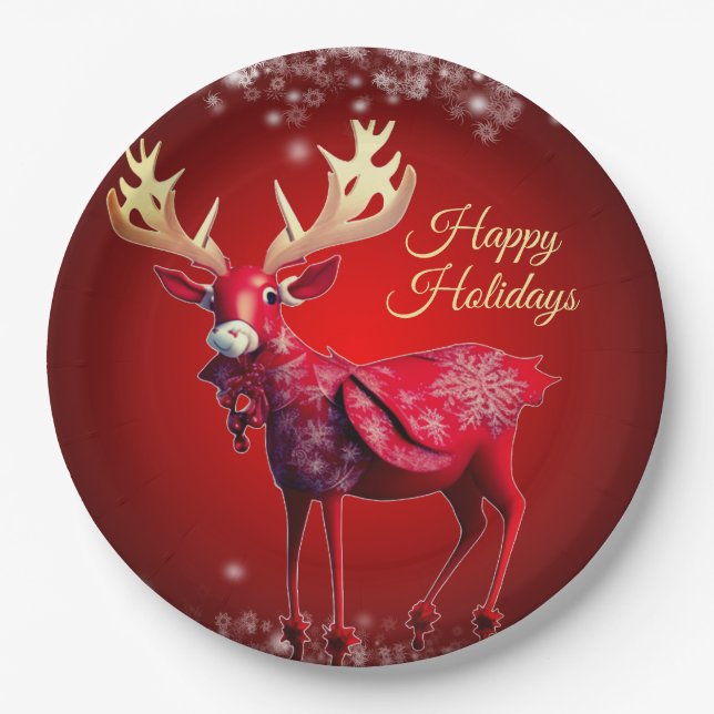 Christmas Party Red Reindeer Winter Holidays Paper Plate (Front)