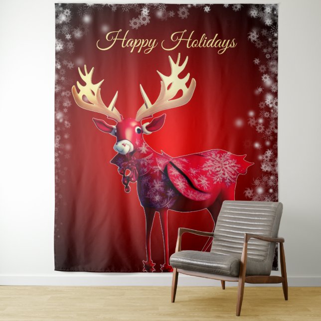 Christmas Party Red Reindeer Winter Holidays Tapestry (In Situ)
