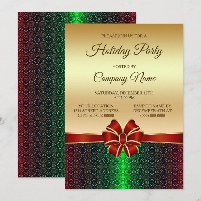 Christmas Party Red Ribbon Gold Holiday Invitation (Front/Back)