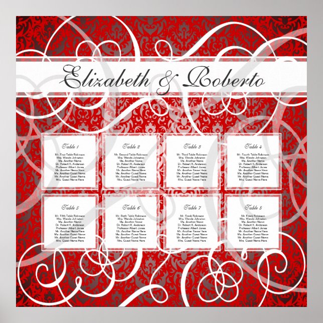 Christmas Party Red Swirls 8 Table Seating Chart (Front)