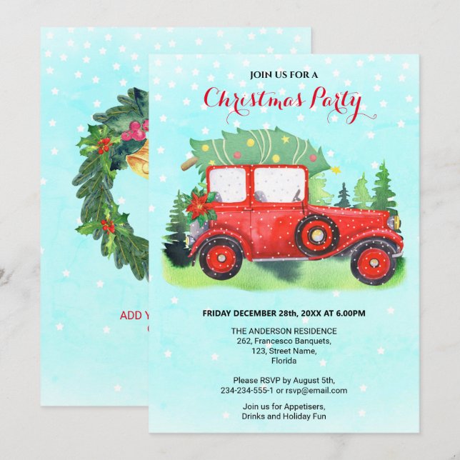 Christmas Party Red Truck Blue Winter  Invitation (Front/Back)