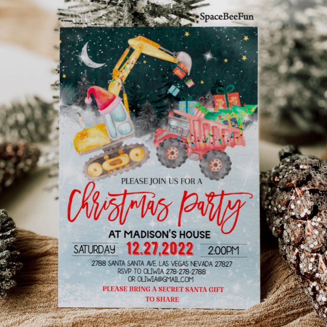 Christmas Party Red Truck Gift Construction Birthd Invitation (Christmas Party invites Red Truck Gift invitation Construction Birthday invitation Winter Christmas )