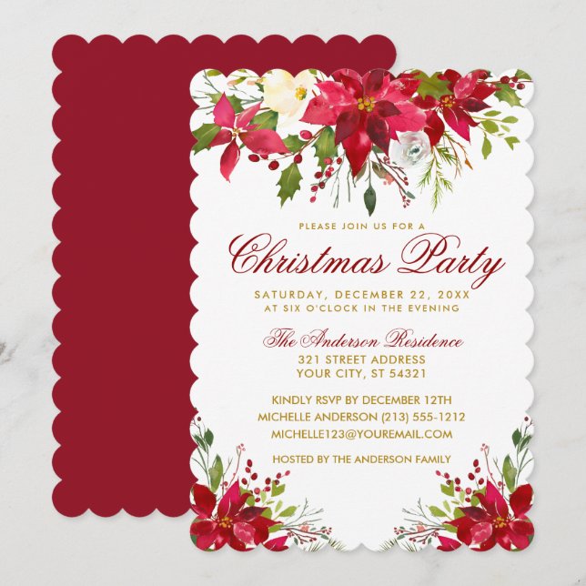 Christmas Party Red Watercolor Floral Poinsettia S Invitation (Front/Back)
