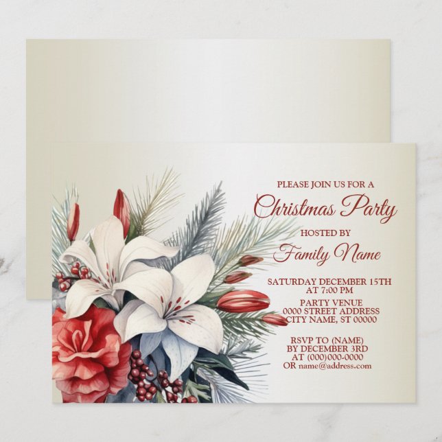 Christmas Party Red White Flowers Holidays Elegant Invitation (Front/Back)