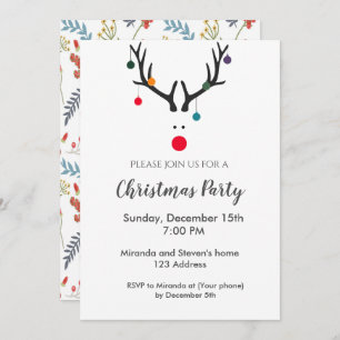 Christmas party reindeer modern white red invitation