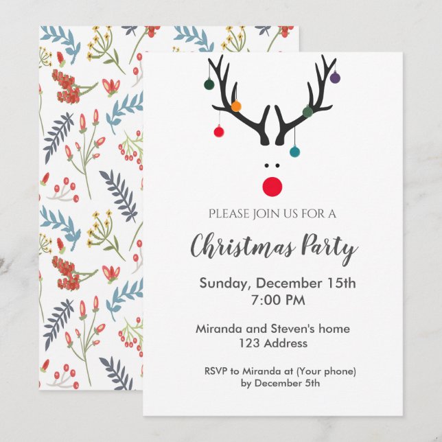 Christmas party reindeer modern white red invitation (Front/Back)