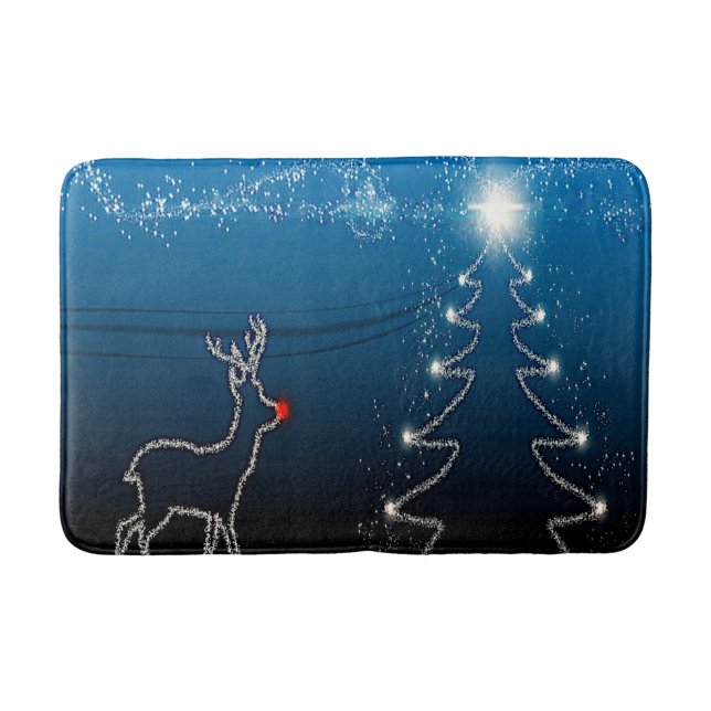 Christmas Party Reindeer Tree Blue Sky Shiny Stars Bath Mat (Front)