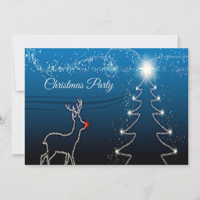 Christmas Party Reindeer Tree Blue Sky Shiny Stars Invitation (Front)