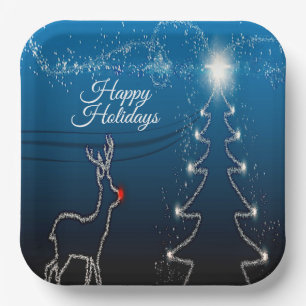 Christmas Party Reindeer Tree Blue Sky Shiny Stars Paper Plate