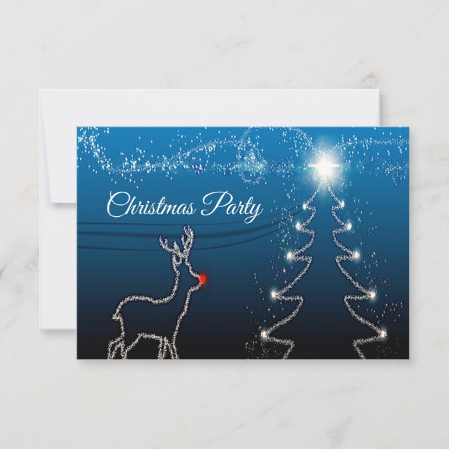Christmas Party Reindeer Tree Blue Sky Shiny Stars RSVP Card (Front)
