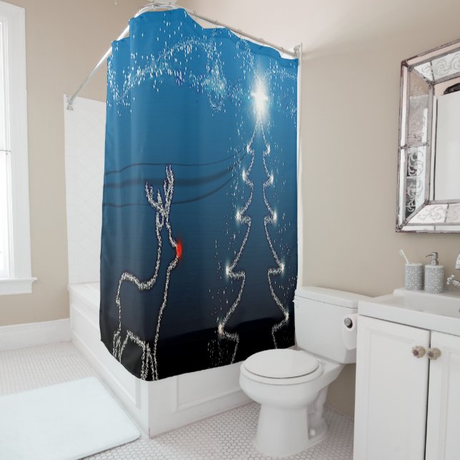Christmas Party Reindeer Tree Blue Sky Shiny Stars Shower Curtain (In Situ)