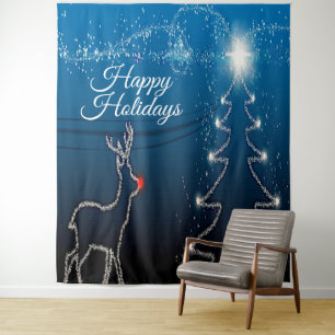 Christmas Party Reindeer Tree Blue Sky Shiny Stars Tapestry