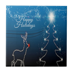 Christmas Party Reindeer Tree Blue Sky Shiny Stars Tile