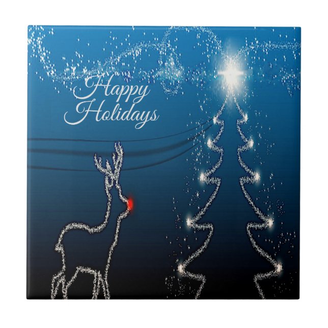 Christmas Party Reindeer Tree Blue Sky Shiny Stars Tile (Front)