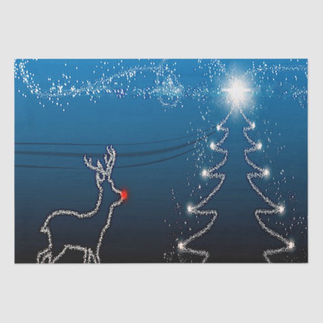 Christmas Party Reindeer Tree Blue Sky Shiny Stars Tissue Paper (Front)