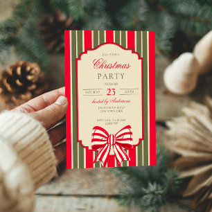 Christmas party retro red green stripes with bow invitation