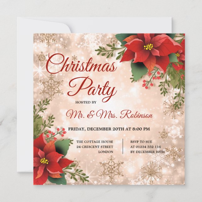 Christmas Party Rose Gold Sparkle Poinsettia  Invitation (Front)