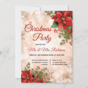Christmas Party Rose Gold Sparkle Red Poinsettia Invitation
