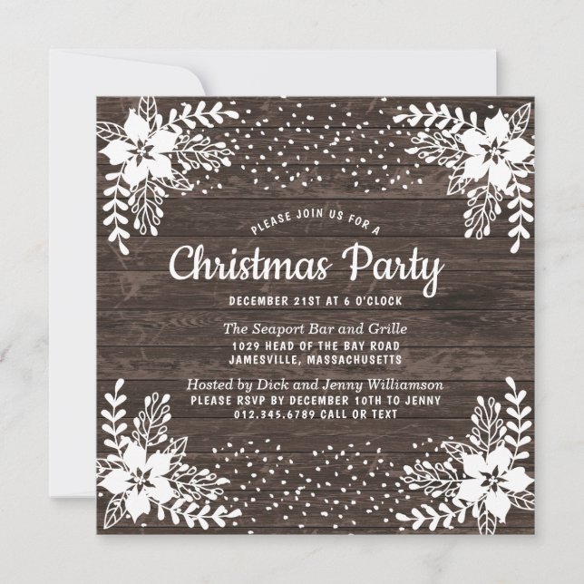 Christmas Party Rustic Country Wood Snow Floral Invitation (Front)