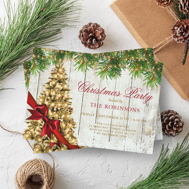Christmas Party | Rustic Gold Tree & Red Ribbon  Invitation (Christmas Party | Rustic Gold Tree & Red Ribbon Invitation)