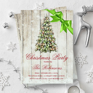 Christmas Party   Rustic Tree & Green Ribbon  Invitation