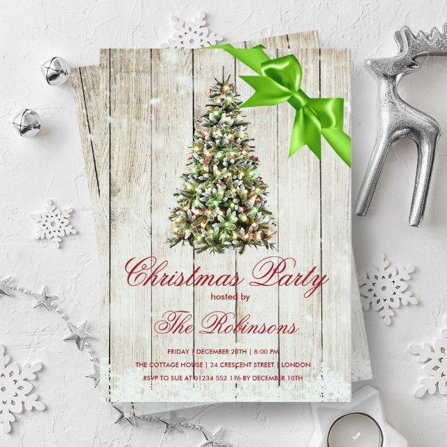 Christmas Party | Rustic Tree & Green Ribbon  Invitation (Christmas Party | Rustic Tree & Green Ribbon Invitation)