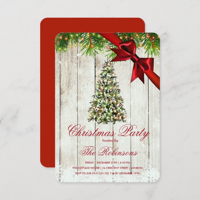 Christmas Party | Rustic Tree Lights | Red Ribbon  Invitation (Front/Back)