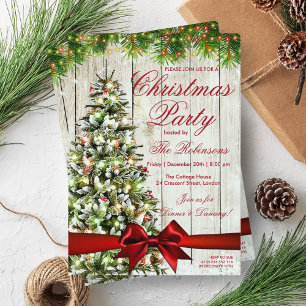 Christmas Party   Rustic Tree, Lights & Red Ribbon Invitation