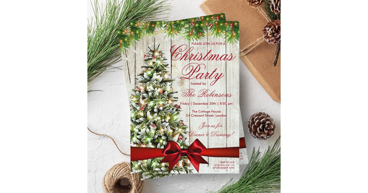 Christmas Party | Rustic Tree, Lights & Red Ribbon Invitation | Zazzle