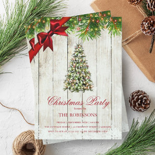Christmas Party   Rustic Tree & Red Ribbon  Invitation