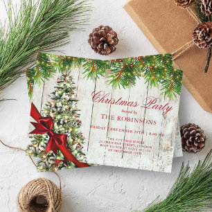 Christmas Party   Rustic Tree & Red Ribbon  Invitation