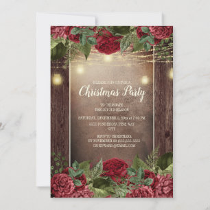 Christmas Party Rustic Wood Burgundy Floral String Invitation