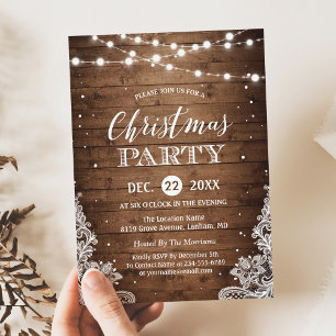 Christmas Party Rustic Wood Twinkle Lights Lace Invitation