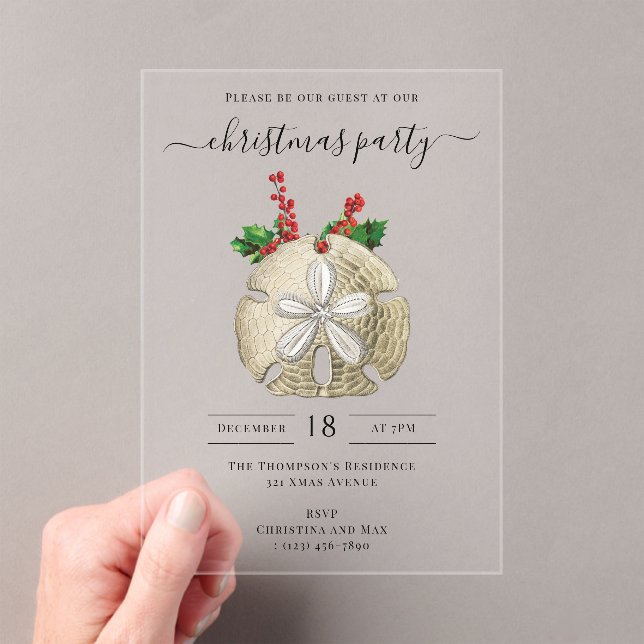 Christmas Party Sand Dollar Holly Berries Coastal  Acrylic Invitations (Insitu (Handheld))