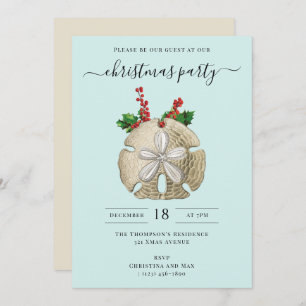 Christmas Party Sand Dollar Holly Berries Coastal Invitation