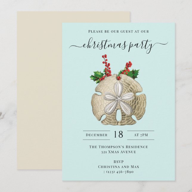 Christmas Party Sand Dollar Holly Berries Coastal  Invitation (Front/Back)
