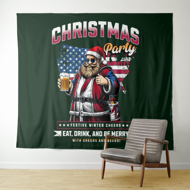 Christmas Party Santa Tapestry | Festive Wall Deco (In Situ (Horizontal))