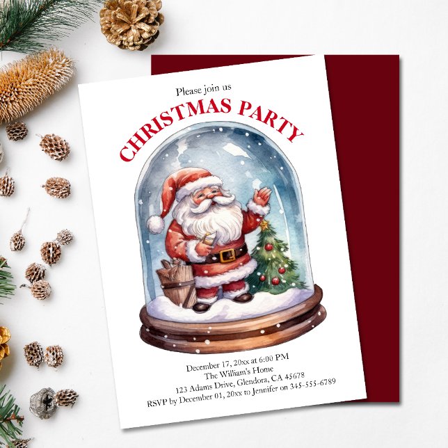 Christmas Party Santa Winter Snow Globe Invitation (Invite your guests to your Christmas party with this warm and charming holiday-themed invitation!)
