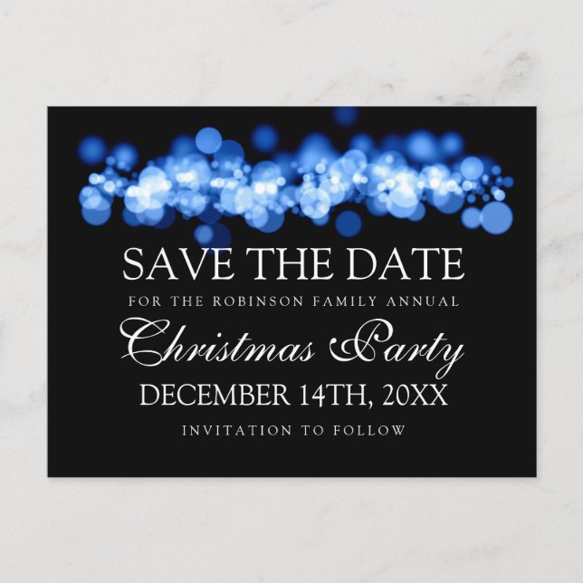 Christmas Party Save The Date Blue Bokeh Lights Announcement Postcard (Front)