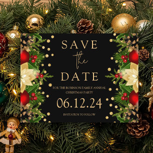 Christmas Party Save The Date Gold Floral Black Announcement Postcard