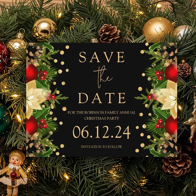 Christmas Party Save The Date Gold Floral Black Announcement Postcard (Creator Uploaded)