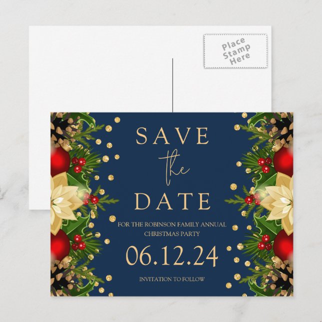 Christmas Party Save The Date Gold Floral Navy  Announcement Postcard (Front/Back)